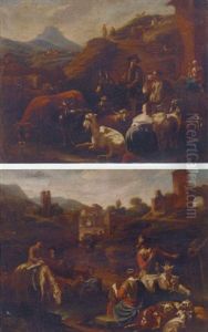 A Goatherd And A Washerwoman With Drovers By A Stream, Outside A Village In A Hilly Landscape by Antoon Goubau