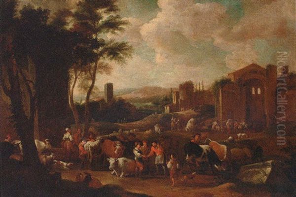 Drovers With Cattle In An Italianate Landscape - view 1