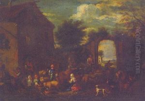 Drovers With Cattle And Sheep In Farmyard by Antoon Goubau