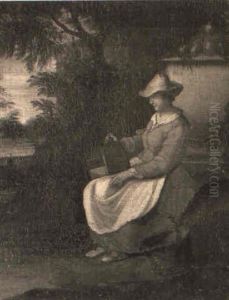 A Woman Seated By A Sculpted Urn Holding A Bird Cage