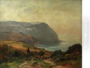 Lynmouth Coastal Scene, With Farmer And Sheep On A Track