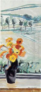 Nature Morte Au Pot De Fleurs Devant Une Fenetre Sur Fond De Paysage by Jean Goulden