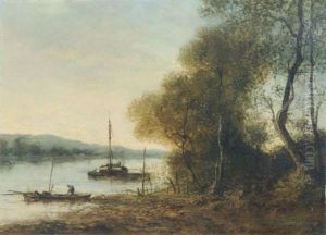 Abendstimmung Am Fluss Mit Fischerbooten by Henri Gounin