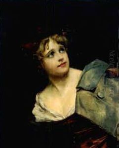 Young Woman Wearing A Crimson Hat by Jules Adolphe Goupil