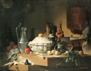 Nature Morte A La Soupiere, Aux Lunettes Et Aux Gousses D'ail by Pierre-Eugene Gourdet