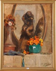 Nature Morte A La Sculpture Et Aux Fleurs by Jean Leon Henri Gouweloos