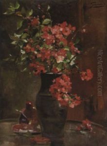 Composition Au Vase Fleuri Et A La Figurine by Jean Leon Henri Gouweloos