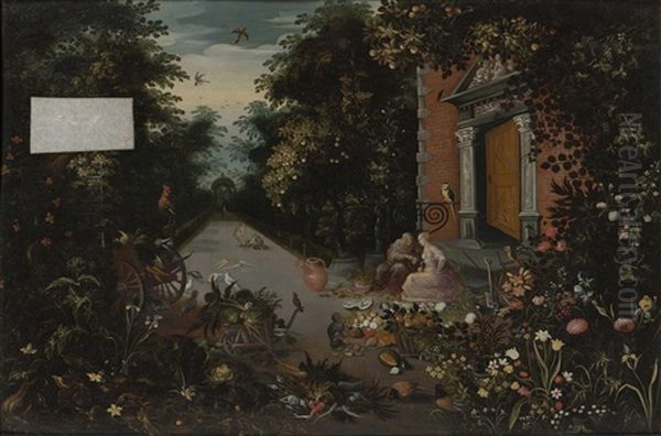 Vertumnus And Pomona In A Garden Setting With Fruits, Vegetables, And Exotic Animals And Birds Such As A Macaw And A Monkey: An Allegory Of Harvest Or Plenty - view 1