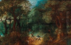 A Forest Landscape With A Bear Hunt
