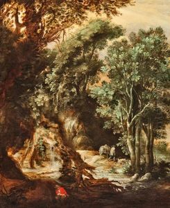 Forest Landscape With A Muleteer And A Fisherman by Abraham Govaerts