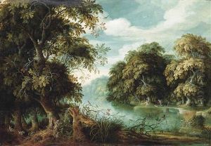 An Arcadian Wooded River Landscape With Animals In The Thickets, Travellers With A Dog On A Path Beyond by Abraham Govaerts
