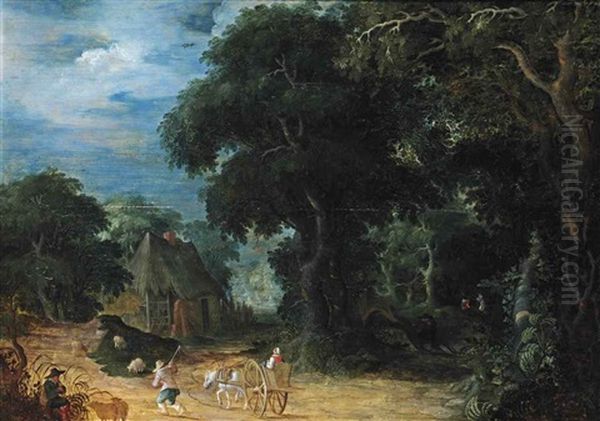 A Wooded Landscape With A Woman In A Horsedrawn Cart And A Shepherd On A Path, A Peasant Playing A Flute In The Foreground - view 1