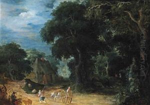 A Wooded Landscape With A Woman In A Horsedrawn Cart And A Shepherd On A Path, A Peasant Playing A Flute In The Foreground by Abraham Govaerts
