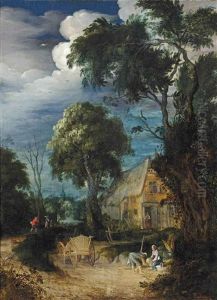 A Wooded Landscape With Figures Resting By A Cottage, A Horsedrawn Cart And Herdsmen Nearby by Abraham Govaerts