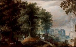 Scene De Chasse A Courre Dans Une Foret Pres D'un Lac by Abraham Govaerts