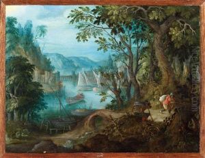 Wald- Und Flusslandschaft Mit Reisigsammlern