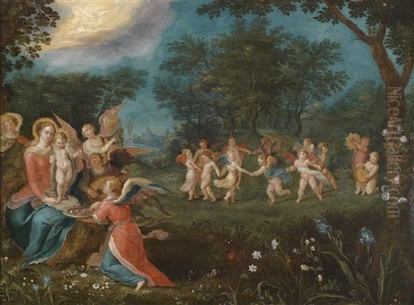 Maria Mit Dem Kind Und Musizierenden Engeln Sowie Einem Engel Mit Einer Obstschale, Im Hintergrund Ein Puttenreigen Vor Einer Waldlandschaft - view 1