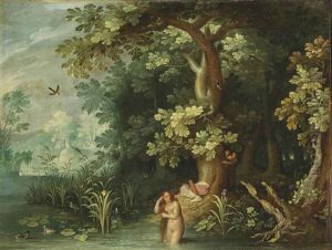 Diana Bathing In A Woodland Pool, Being Spied Upon By Two Satyrs From Behind A Tree by Abraham Govaerts
