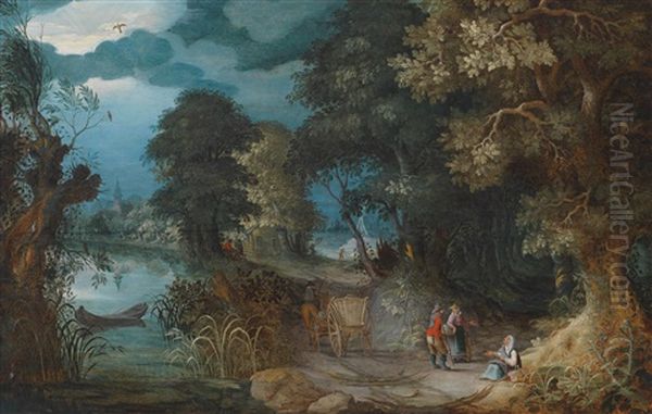 Bewaldete Landschaft Mit Einem Kahn Auf Einem Fluss, Mit Einem Pferdefuhrwerk Und Wanderern Auf Einem Weg Rechts - view 1