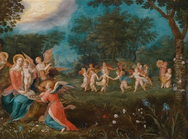 Maria Mit Dem Kind Und Musizierenden Engeln Sowie Einem Engel Mit Einer Obstschale - view 1
