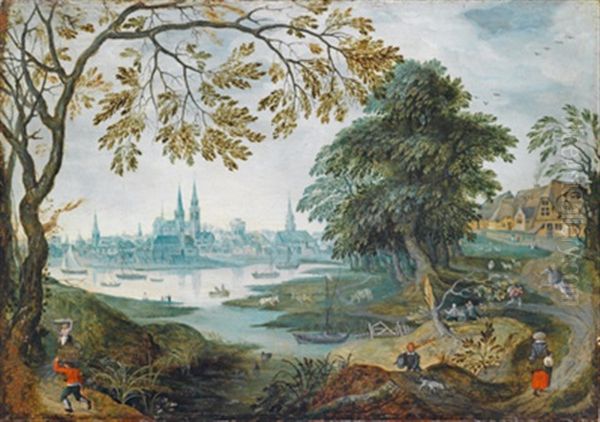 Baumbestandene Flusslandschaft Mit Blick Auf Eine Stadt - view 1