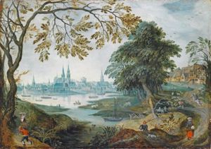 Baumbestandene Flusslandschaft Mit Blick Auf Eine Stadt by Abraham Govaerts