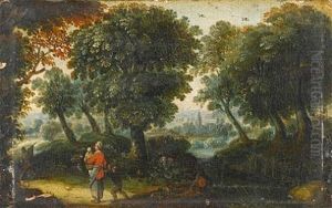 A Wooded River Landscape With A Mother And Her Children On A Country Path