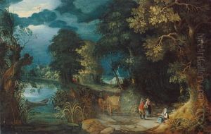 Flusslandschaft Mit Einem Pferdefuhrwerk Und Wanderern by Abraham Govaerts