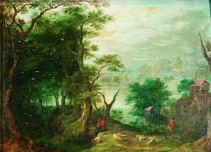 Bewaldete Fluslandschaft Mit Rastendem Dudelsackspieler Und Seiner Schafherde Sowie Zwei Wanderern, Rechts Im Hintergrund Ein Dorf