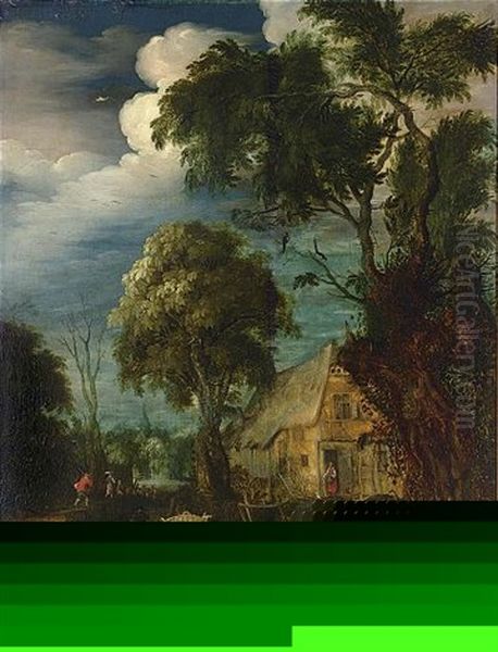A Wooded Landscape With Peasants With A Horse-drawn Cart Near A Farm And Shepherds With Their Flock On A Path In The Background - view 1