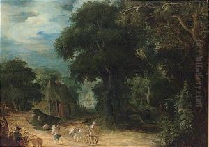 A Wooded Landscape With A Woman In A Horse-drawn Cart And A Shepherd And His Herd On A Path by Abraham Govaerts