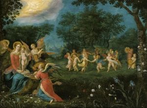 Maria Mit Dem Kind Und Musizierenden Engeln Sowie Einem Engel, Der Fruchte Reicht, Im Hintergrund Ein Puttenreigen In Einer Marchenhaften Waldlandschaft Mit Blumen (collab. W/frans Francken ,the Young by Abraham Govaerts