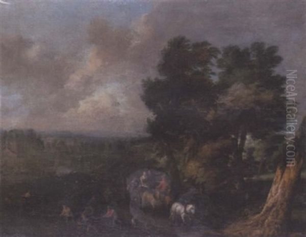 A Wooded River Landscape With Travellers In A Coach Passing Fishermen Hauling In Their Catch - view 1