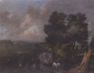 A Wooded River Landscape With Travellers In A Coach Passing Fishermen Hauling In Their Catch