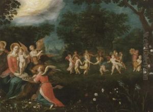 Maria Mit Kind, Von Engeln Begleitet. Im Hintergrund Ein Puttenreigen by Abraham Govaerts