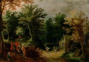 A Wooded Landscape With Travellers In The Foreground And Figures Outside A Watermill Beyond