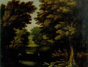 Waldlandschaft Mit Storchen An Teich