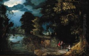A Wooded River Landscape With A Woman Seeking Alms From Travellers On A Path