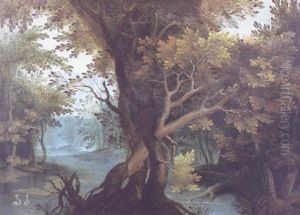 A Wooded Landscape With Two Swans On A River In The Foreground