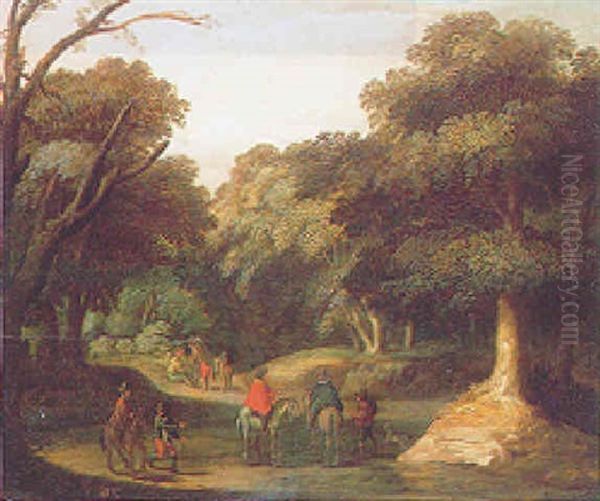 A Wooded Landscape With Riders Discoursing And Other Figures On A Country Path - view 1