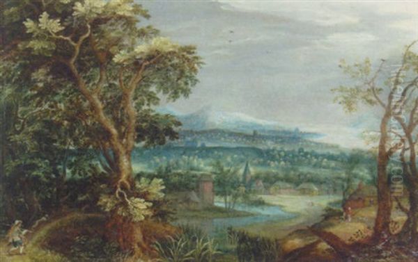 An Extensive River Landscape With A Sportsman Approaching A Village On A Track - view 1