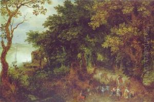 Rastende Bauern An Einer Waldstrase Nahe Einem Flus, Eine Stadt In Der Ferne by Abraham Govaerts