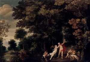 A Wooded Landscape With Venus And Adonis by Abraham Govaerts