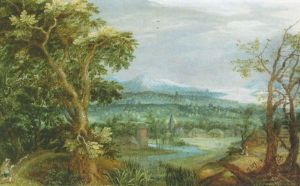 An Extensive Landscape With A Peasant And His Dog In The Foreground And Figures By A Village Beyond by Abraham Govaerts