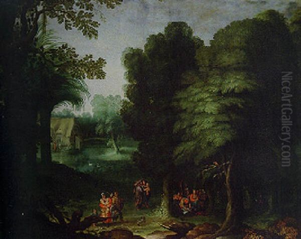 A Wooded Landscape With Travellers On A Track And Peasants Feasting In A Clearing - view 1