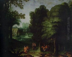 A Wooded Landscape With Travellers On A Track And Peasants Feasting In A Clearing by Abraham Govaerts
