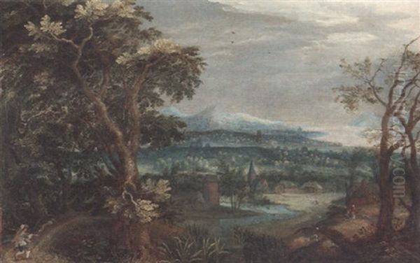 An Extensive River Landscape With A Peasant On A Track, A Village Beyond - view 1