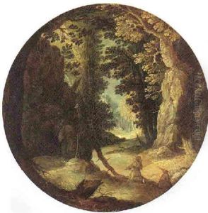 Two Hermits In A Rocky Wooded Landscape by Abraham Govaerts
