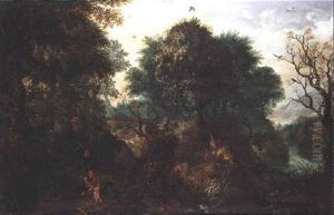 Paysans Ramassant Du Bois Dans Un Paysage Pres D'une Riviere by Abraham Govaerts