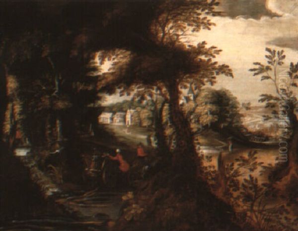 Wooded River Landscape On The Outskirts Of A Town With Travellers - view 1